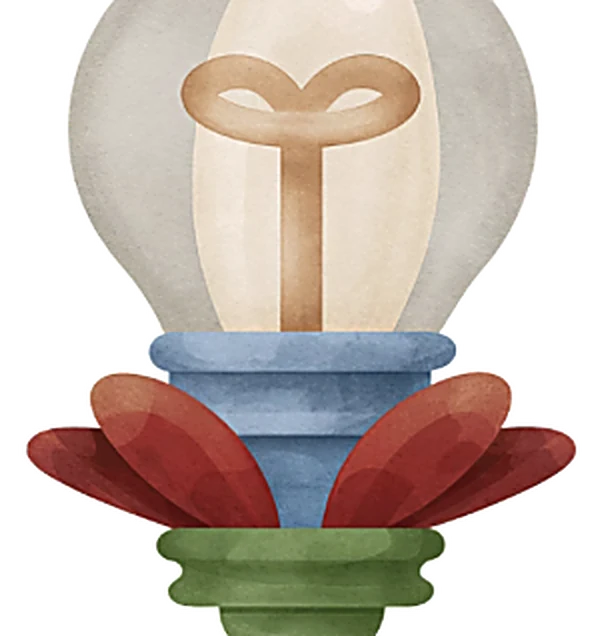 Watercolour illustration of a lightbulb resting on layered red and green petals.